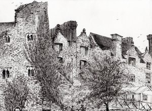 Slottsruin Hay on Wye, 2007, (blekk på papir) av Vincent Alexander Booth