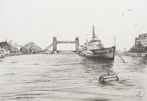 HMS Belfast ved Themsen London, 2006, (blekk på papir) av Vincent Alexander Booth