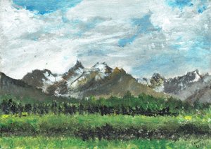 Hotellutsikt på Crans, 2011, (akryl på lerretstavle) av Vincent Alexander Booth