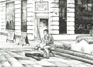 Musiker St. Anns Square, 2016, (blekk på papir) av Vincent Alexander Booth
