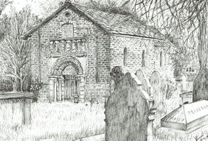Old Church, Prestbury, 2009, (blekk på papir) av Vincent Alexander Booth