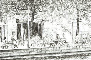 Pitcher and Piano bar Manchester, 2005, (blekk på papir) av Vincent Alexander Booth