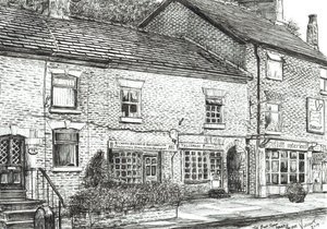 The Book shop at Marple Bridge, 2017, (blekk på papir) av Vincent Alexander Booth