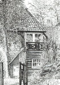 The Log House, 2019, (blekk på papir) av Vincent Alexander Booth