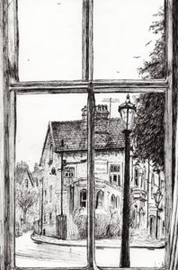 Utsikt fra Old Hall Hotel Buxton, 2009, (blekk på papir) av Vincent Alexander Booth