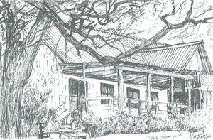 Yachtklubb ved Lake Naivasha;Kenya; 2006; (blekk på papir) av Vincent Alexander Booth