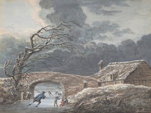 Vinterlandskap med skatere på en frossen kanal, n.d.