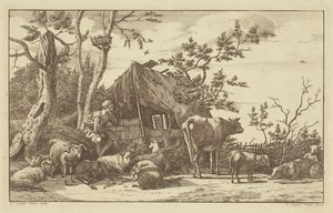 Sittende gjeter med storfe foran en falleferdig låve av Vincent Jansz. van der Vinne