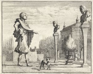 Mann med to hermes i formell hage av Vincent Laurensz. van der Vinne (II)