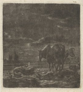 Nattlandskap med sovende gjeter og storfe av Vincent Laurensz. van der Vinne (II)