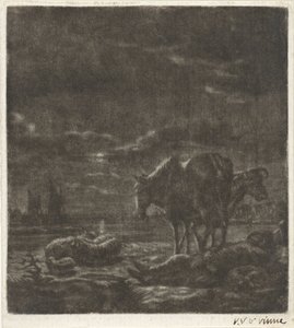 Nattlandskap med sovende gjeter og storfe av Vincent Laurensz. van der Vinne (II)