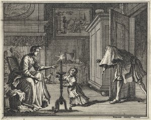 Far skremmer et barn i et interiør av Vincent Laurensz. van der Vinne (II)