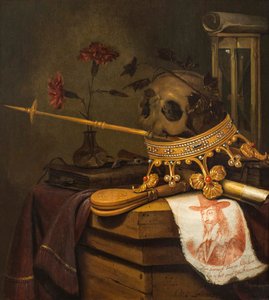 Et Vanitas stilleben med hodeskalle, krone, septer, fløyte, belg, timeglass, nelliker i en glassvase, rulle, bok og et gravert portrett av Charles I av Vincent Laurensz van der Vinne
