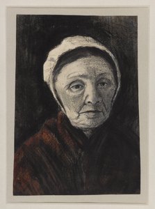 Hodet til en gammel kvinne i en Scheveninger-hette, 1882-83 (kull, svart og brunt kritt på papir)