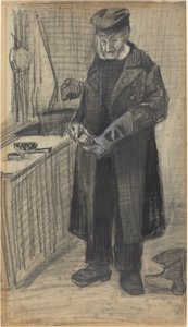 Man Polishing a Boot, 1882 (svart kritt og grå vask, med hvit forhøyning på vevd papir) av Vincent van Gogh