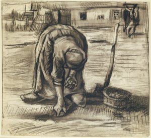 Bondekvinne som planter poteter, ca. 1885 (svart kritt og kull på papir) av Vincent van Gogh