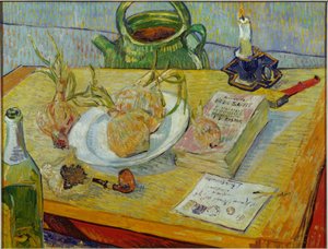 Stilleben med tegnebrett, pipe, løk og tetningsvoks av Vincent van Gogh