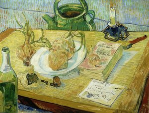 Stilleben med tegnebrett, pipe, løk og tetningsvoks. 1889 av Vincent van Gogh