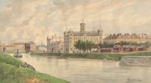 Weissgärber Lände i Wien med Donau-dampskipsbygningen av Vincenz Havlicek