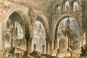 Scenografi av Francesco Bagnara for fjerde scene av Capuleti og Montecchi, opera av Vincenzo Bellini (1801-1835), fremført på La Fenice Theatre i Venezia