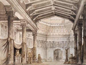 Scenografi av Francesco Bagnara for andre scene av Norma, opera av Vincenzo Bellini (1801-1835), fremført på La Fenice Theatre i Venezia