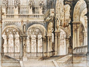 Scenografi av Francesco Bagnara for tredje scene av Capuleti og Montecchi, opera av Vincenzo Bellini (1801-1835), fremført på La Fenice Theatre i Venezia