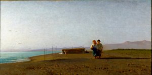 Utsikt over stranden i Viareggio morgensolen på den toskanske kysten, to barn silhuetter. Maleri av Vincenzo Cabianca (1827-1902)