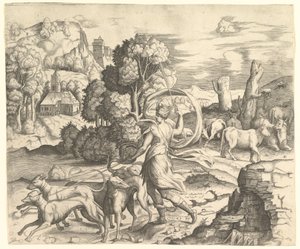 Jegerinnen Diana i et landskap, ca. 1530-42. av Vincenzo Caccianemici