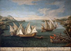 Sjøslag mellom venetianske skip av Marco Ivanovich Dobrota og tyrkiske skip utenfor Patras 17. april