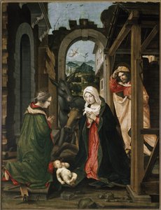 Fødsel med St. Katarina av Alexandria (olje på panel av Vincenzo Civerchio