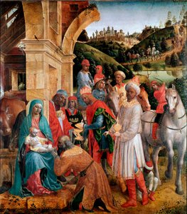 Tilbedelse av magi-maleriet av Vincenzo Foppa (ca. 1427-1515) Søn. 239x210 cm London, National Gallery - The Adoration of the Kings, av Vincenzo Foppa (ca.1427-c.1515). Olje på poppel, 239x210 cm, ca.1500. Nasjonalgalleriet, London, Storbritannia