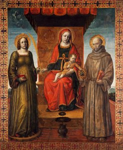 Tronet Madonna og barn med de hellige Bernardino og Katarina av Alexandria, baksiden av prosesjonsbanneret til Orzinuovi, av Vincenzo Foppa (ca1427 - ca1515), maleri på lerret. av Vincenzo Foppa