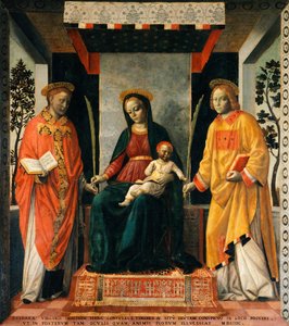 Madonna og barn mellom St. Faustinus og St. Jovita, av Vincenzo Foppa (ca 1427-ca 1515), Tempera på lerret, 205x226 cm