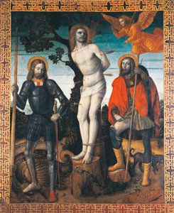 St. Sebastian, St. Rocco og St. Giorgio, baksiden av prosesjonsbanneret til Orzinuovi, av Vincenzo Foppa (ca1427 - ca1515), maleri på lerret.