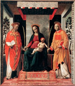 Jomfru og barn omgitt av de hellige Faustin og Giovita (Faustino og Giovita beskyttere av Brescia) Maleri av Vincenzo Foppa (ca.1427-ca.1515) Brescia, Pinacoteca Tosio Martinengo Italia