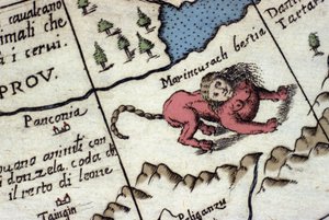 Representasjon av en manticore, en fantastisk skapning med et menneskehode (ofte med horn, blå øyne og tre rader med tenner), og en skorpion eller dragehale og en løvekropp. Detalj av et verdenskart av Vincenzo coronelli (1650-1718). 17. århundre