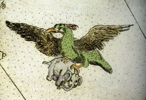 Den gigantiske fuglen Rok bærer en elefant mellom drivhusene for å gi den til ungene sine, detalj av et verdenskart av Vincenzo coronelli (1650-1718). 17. århundre