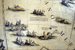 Hvalfangst i Stillehavet. Detalj av en Coronelli-klode fra 1600-tallet.