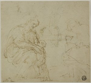 Skisser av jomfru og barn, sittende figur og landskap av Vincenzo Tamagni