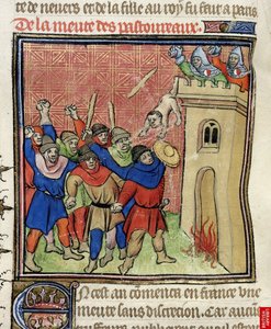 Detalj av en miniatyr av det tredje korstoget av Pastoureaux. Jøder kaster barna sine fra et tårn, etter 1380