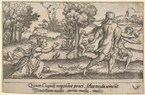Atalanta og Hippomenes, i forgrunnen Atalanta kneler for å plukke opp et eple og..., ca. 1535-62.
