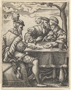 To menn og en kvinne spiller kort ved et bord, en mann presser nesen mot ..., ca. 1535-62.
