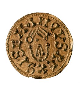 Tremissis (eller triens) av kong Sisenand, støpt i Tarraco, Spania, 700-tallet (mynt)