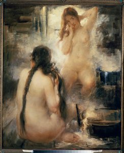 Dans un bain devapor (badstue) - I et dampbad - To nakne unge kvinner som grer håret og nyter fordelene ved tradisjonell russisk hydroterapi - Maleri av Vitali Gavrilovich Tikhov (1876-1939), olje på lerret, tidlig på 1900-tallet - Russisk kunst -Samle inn av Vitali Gvrilovich Tikhov
