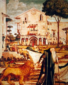 Detalj av St. Jerome som temmer løven, ca. 1501-09 (detalj av 60932) av Vittore Carpaccio