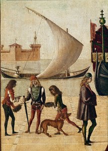 Legend of st Ursula: detaljankomst av ambassadørene (fra den gyldne legenden av Jacopo da Varagine) (temperaa på lerret av Vittore Carpaccio