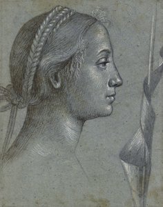 Rekto: Hodet til en kvinne med en vimpel viklet rundt en stang (svart kritt med brun vask, forsterket med hvit kroppsfarge på blekt blågrått papir) av Vittore Carpaccio