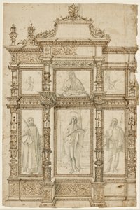 Studie for en altertavle med seks bilder satt i en utsmykket struktur av rammer. Øverst: Stigmatiseringen av St Francis, Madonna og Child, St Hieronymus i villmarken; nederst: Sts Lawrence, Sebastian og Roch av Vittore Carpaccio