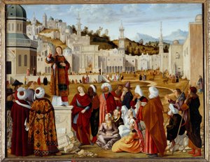 The Prediction of St. Stephen in Jerusalem Maleri del av en serie utført for kapellet til Scuola si Santo Stefano i Venezia. Maleri av Vittore Carpaccio (1450/54-1525/26) søn. 1,4x1,9 m - The Preken of St. Stephen (St. Etienne) i Jerusalem. Den av Vittore Carpaccio
