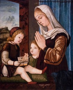 Jomfru Maria og barnet med døperen Johannes som barn, ca. 1494/97 (blandet teknikk på tre overført til silke) av Vittore Carpaccio